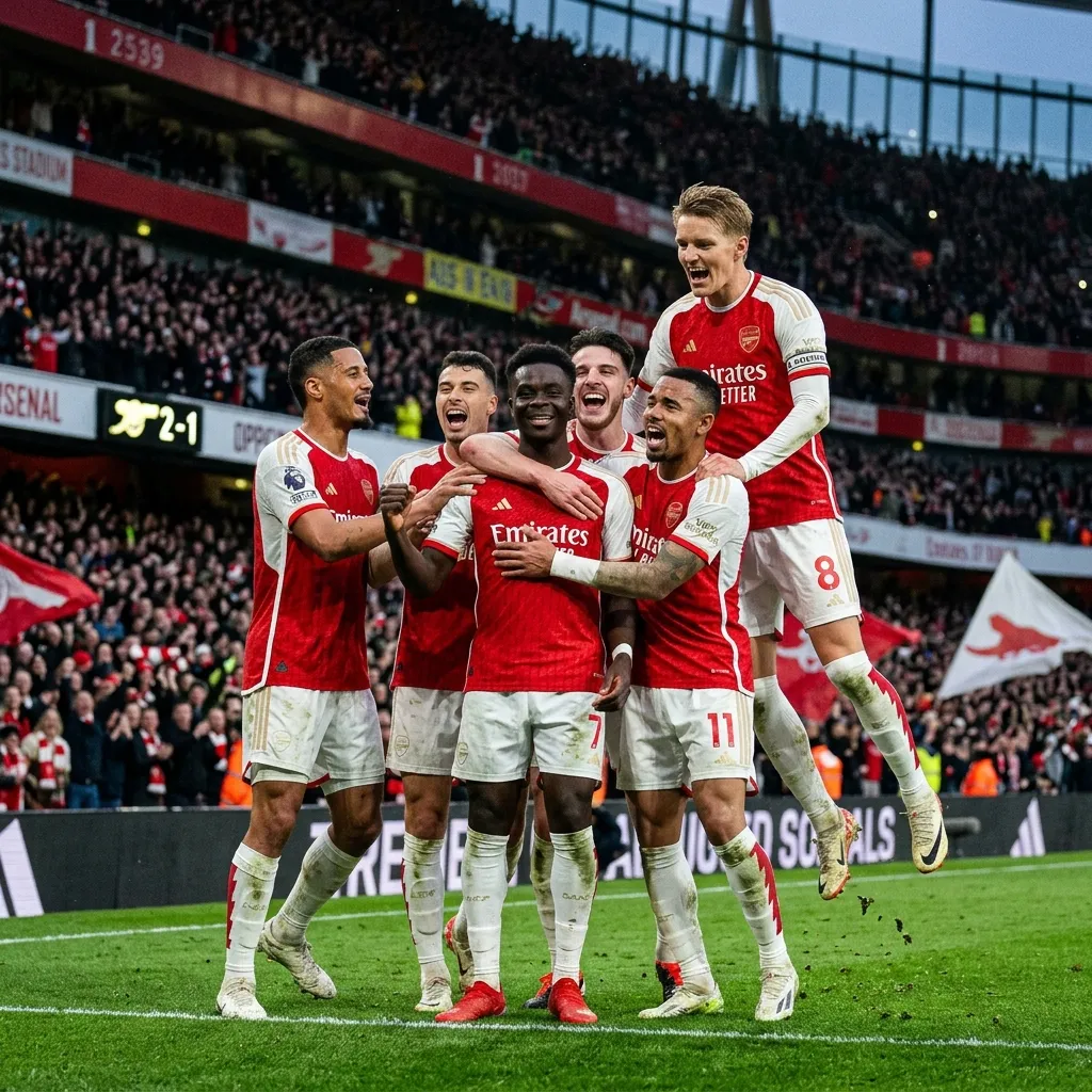 Các cầu thủ Arsenal trong màu áo đỏ trắng ăn mừng một bàn thắng đẹp mắt