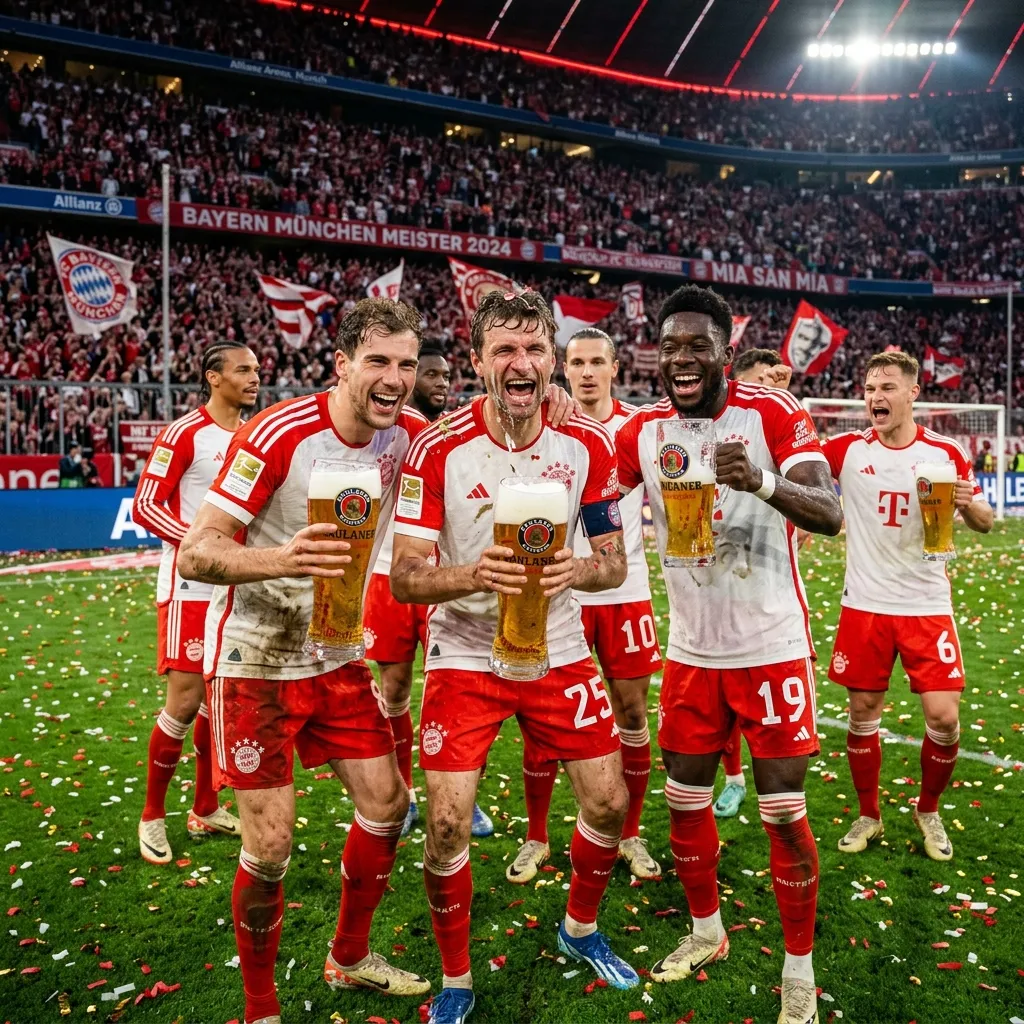 Các cầu thủ Bayern Munich ăn mừng cuồng nhiệt với những ly bia khổng lồ