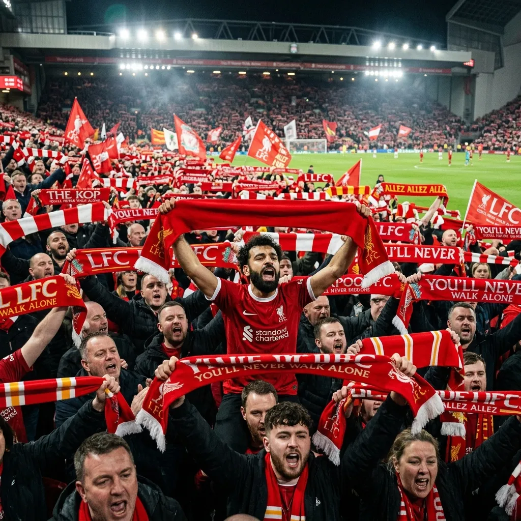 Biển người hâm mộ Liverpool với những chiếc khăn quàng đỏ hát vang trên khán đài
