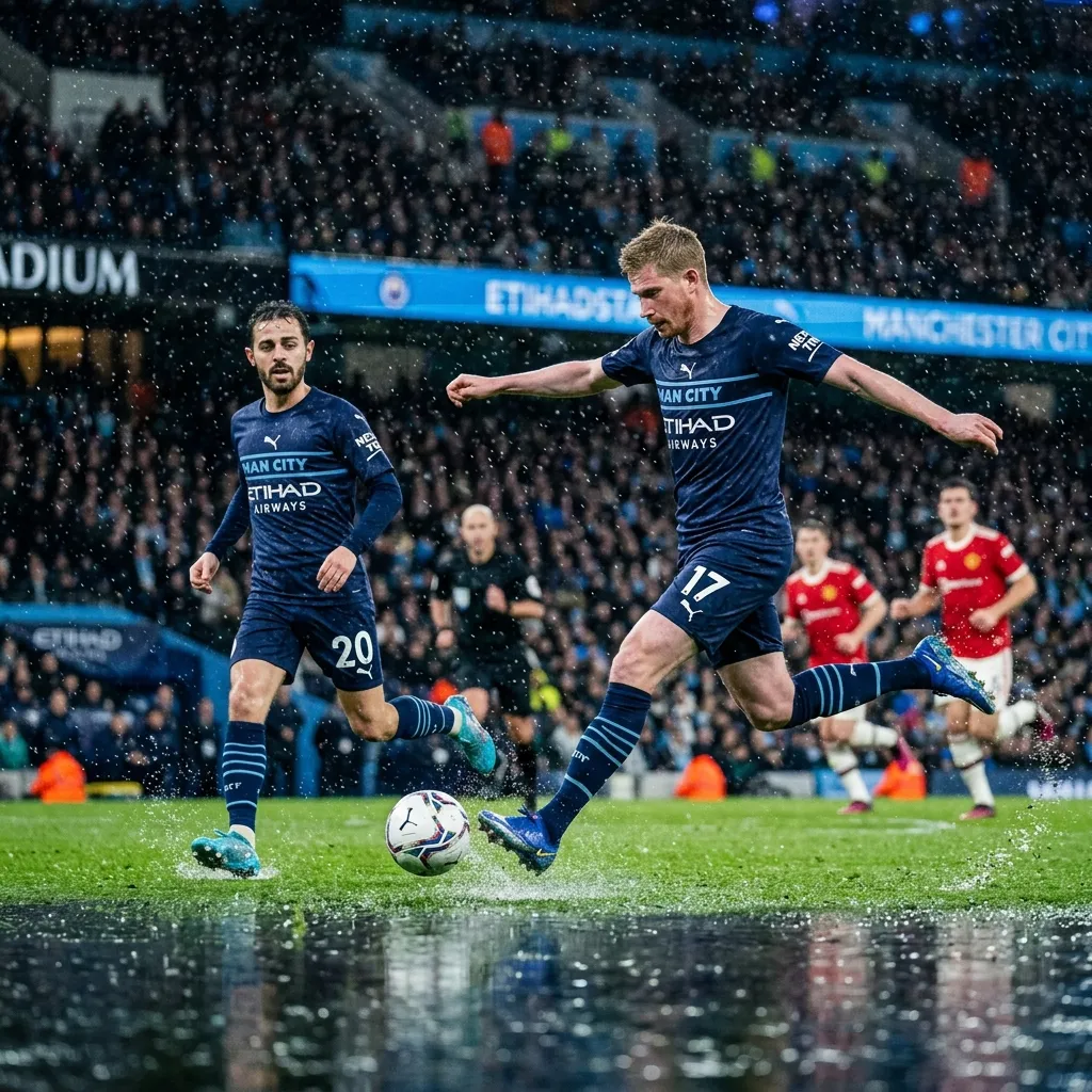 Các cầu thủ Man City tung ra đường chuyền sắc lẹm dưới màn mưa