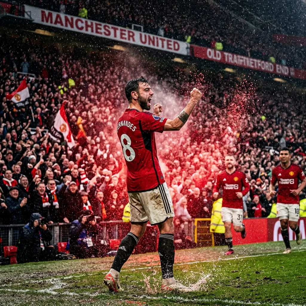 Cầu thủ Manchester United ăn mừng bàn thắng muộn đầy kịch tính dưới cơn mưa màu đỏ