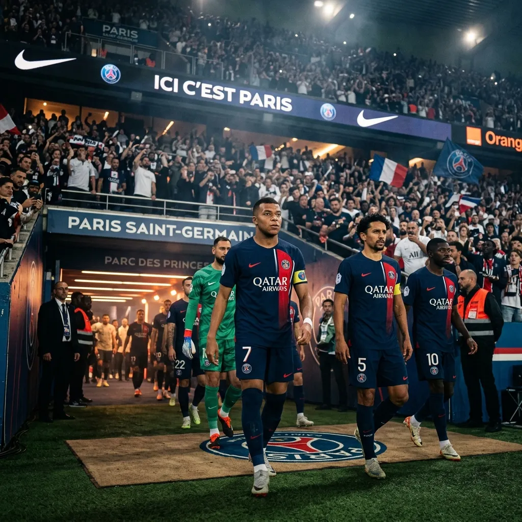 Các cầu thủ PSG bước ra từ đường hầm sân vận động dưới ánh đèn kịch tính