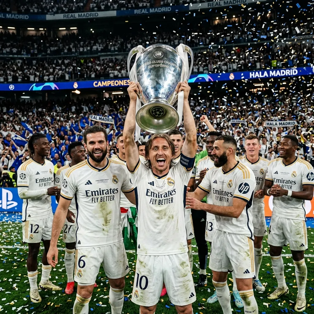 Các cầu thủ Real Madrid trong bộ áo trắng truyền thống nâng cúp vô địch rực rỡ